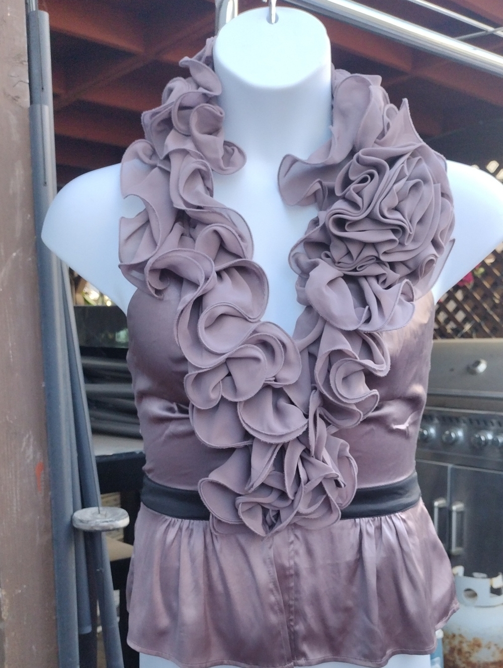 💜 Y2K bebe Dusty Mauve/ Taupe Satin Dramatic Ruffled Fairycore Halter Top - Picture 11 of 15